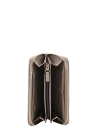 Gray leather wallet with a zip closure, featuring multiple card slots and a central zip pocket. Interior is smooth, with light stitching.