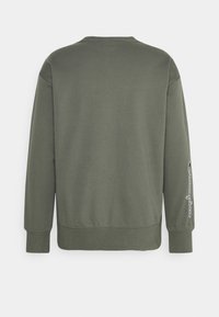 Felpa verde oliva a maniche lunghe con polsini e orlo a coste, caratterizzata da ricamo bianco del logo "Champion" sulla manica sinistra.