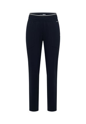 Pantaloni neri a sigaretta con vita elasticizzata e tasche lungo le cuciture laterali, progettati per un uso casual o sportivo.