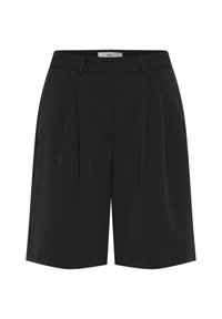 Schwarze, maßgeschneiderte Shorts mit Falten, die eine glatte Textur und einen geraden Schnitt aufweisen. Gürtelschlaufen an der Taille, keine sichtbaren Taschen.