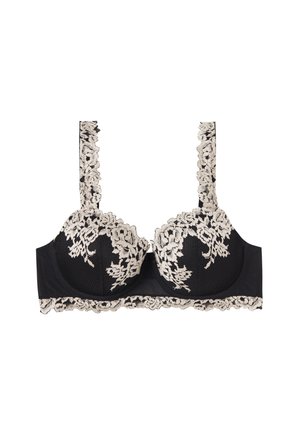 Černá podprsenka s kosticemi a béžovými květinovými krajkovými detaily na košíčcích, ramínkách a pásku, s vlnitými okraji a akcenty z síťoviny.