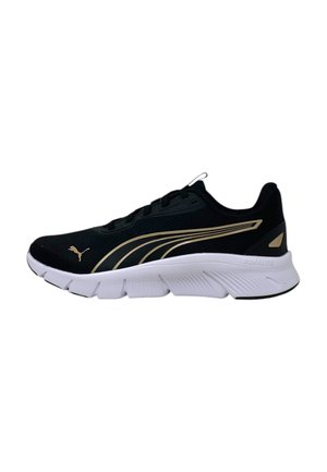 Scarpe da ginnastica nere con dettagli dorati, tomaia in mesh, colletto imbottito e suola bianca con texture e scanalature profonde per una migliore aderenza.