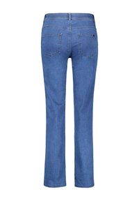 Vaqueros de mezclilla azul con un diseño de pierna recta, que cuentan con dos bolsillos traseros y una cinturilla. El material tiene una textura de mezclilla clásica y suave.