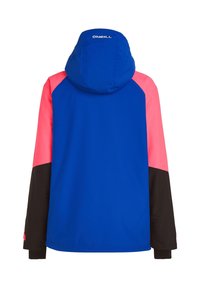 Blauw jack met een roze bovenstuk en zwarte mouwen. Voorzien van een capuchon, een rechte snit en een gladde textuur. Logo op de achterkant.