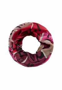 Écharpe infinie circulaire en tissu léger, présentant un motif abstrait audacieux dans des tons de rouge, rose et beige. Texture douce.
