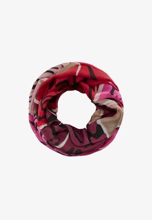 Runder Infinity-Schal aus leichtem Stoff mit einem auffälligen abstrakten Muster in Rottönen, Pink und Beige. Weiche Textur.
