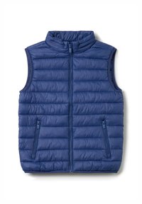 Gilet rembourré navy avec col haut, fermeture zip sur le devant et deux poches latérales zippées, doté d'une texture matelassée et d'un matériau léger.