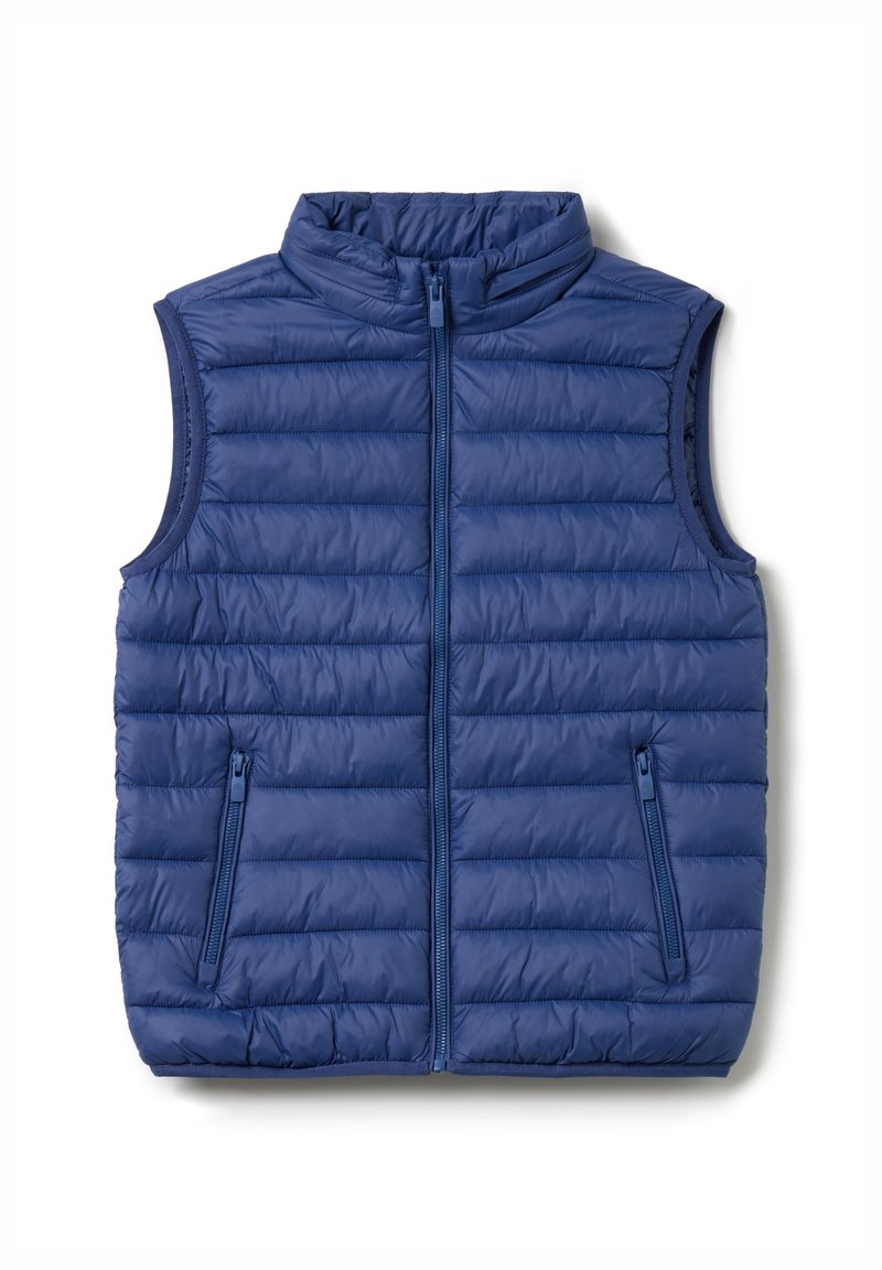 Gilet rembourré navy avec col haut, fermeture zip sur le devant et deux poches latérales zippées, doté d'une texture matelassée et d'un matériau léger.
