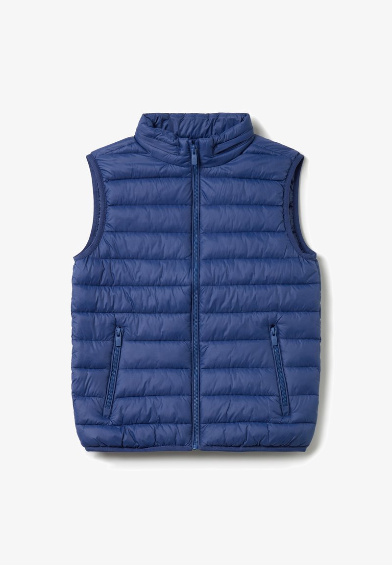 Marineblaues Steppwesten mit hohem Kragen, durchgehendem Reißverschluss und zwei zusätzlichen Reißverschlusstaschen an den Seiten, versehen mit einer steppartigen Struktur und leichtem Material.