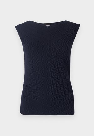 Tamsiai mėlynas viršus su tekstūruotu, raštuotu dizainu, turintis plačią valtinę iškirptę ir rankovėmis iki peties. Plonas siluetas su subtiliu žakardo raštu.