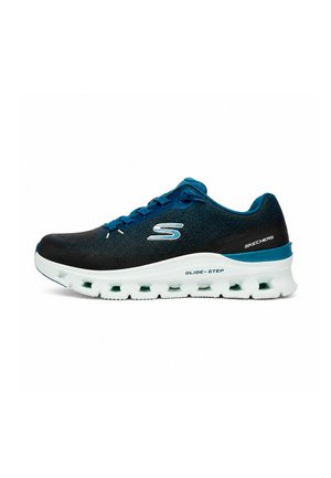 Deportiva Skechers Glide-Step en azul oscuro y negro con suela blanca, logo lateral y diseño ventilado en la entresuela.