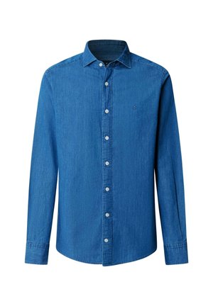 Blaues Jeanshemd mit durchgehender Knopfleiste, langen Ärmeln und klassischem Kragen. Verfügt über weiße Knöpfe und ein kleines Logo auf der linken Brust.