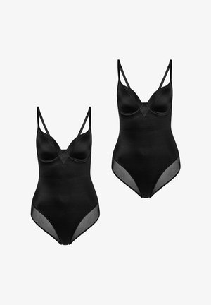 Czarny bodysuit wyszczuplający o gładkim wykończeniu, z miseczkami na drucie i przezroczystymi bocznymi panelami. Regulowane ramiączka i dekolt w kształcie litery V.