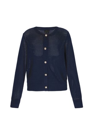 Marineblauwe lange mouw opengewerkte cardigan met ronde halslijn en vijf zilveren knopen aan de voorkant.
