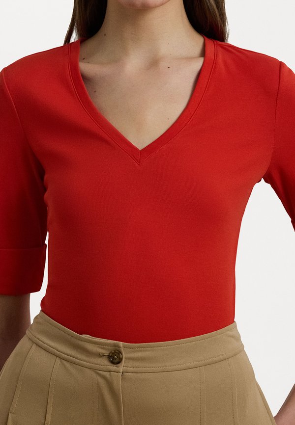 Stretch Cotton Elbow Sleeve V Neck Tee - Basic T-shirt - bright vermilion3