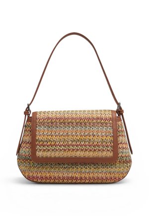 Piccola borsa a spalla in tessuto intrecciato multicolore con rifiniture in pelle marrone, dotata di una singola tracolla e chiusura a pattina.