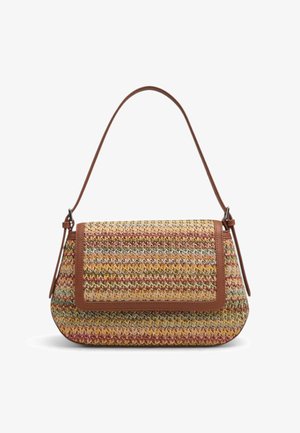 Malá kabelka přes rameno s vícebarevným tkaným materiálem a hnědým koženým lemováním, se single popruhem a zavíráním na klopu.