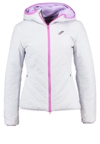 Giacca bianca trapuntata con cerniera rosa e accenti sul cappuccio. Presenta cuciture a zig-zag e una vestibilità slim, realizzata in materiale leggero.