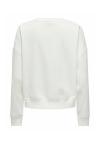 Felpa bianca con scollo rotondo, maniche lunghe e polsini a costine. Tessuto liscio, orlo corto e senza motivi o elementi di metallo visibili.