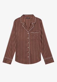 Chemise à manches longues rayée brune avec piping blanc, fermeture à boutons et poche poitrine. Fabriquée en tissu lisse avec une finition élégante.
