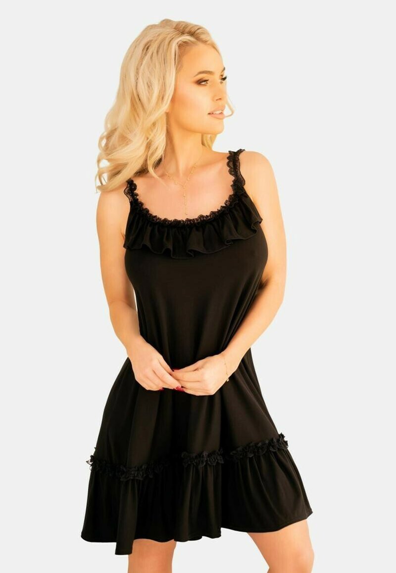 Schwarzes ärmelloses Kleid mit Rüschendetails am Halsausschnitt und Saum, hergestellt aus weichem Stoff mit floralen Akzenten, ausgestattet mit einem lässigen Schnitt und eleganter Drapierung.