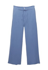 Pantalon large bleu clair taille haute avec bouton, fermeture éclair, passants pour ceinture et un lien en tissu à la taille.