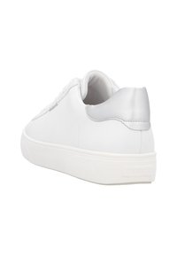 White sneaker with a smooth leather finish, padded collar, and silver accent on the heel. Features a textured white rubber sole.