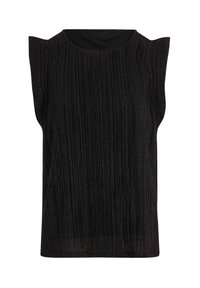 Zwart mouwloos topje met verticale ribbelstructuur, ronde halslijn en gestructureerde schouderdetails. De stof heeft een subtiele glans.
