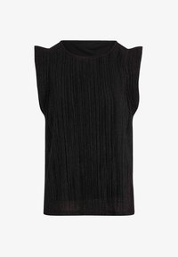 Top negro sin mangas con textura de rayas verticales, escote redondeado y detalles estructurados en los hombros. La tela tiene un sutil brillo.