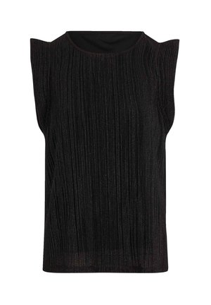 Top sans manches noir avec une texture côtel�ée verticalement, un col rond et des détails structurés aux épaules. Le tissu a un léger brillant.