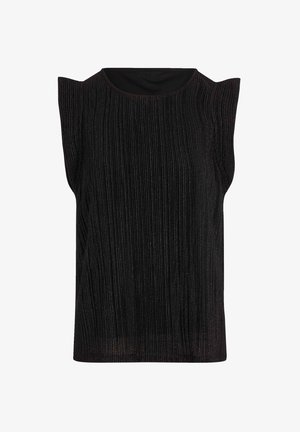 Top sans manches noir avec une texture côtelée verticalement, un col rond et des détails structurés aux épaules. Le tissu a un léger brillant.