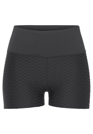Schwarze Sportshorts mit Wabenstruktur, hoher Taille und dehnbarem Stoff, entworfen für Komfort und Flexibilität.