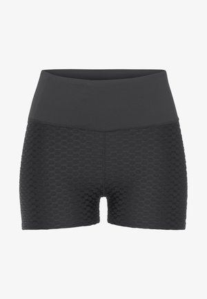 Schwarze Sportshorts mit Wabenstruktur, hoher Taille und dehnbarem Stoff, entworfen für Komfort und Flexibilität.