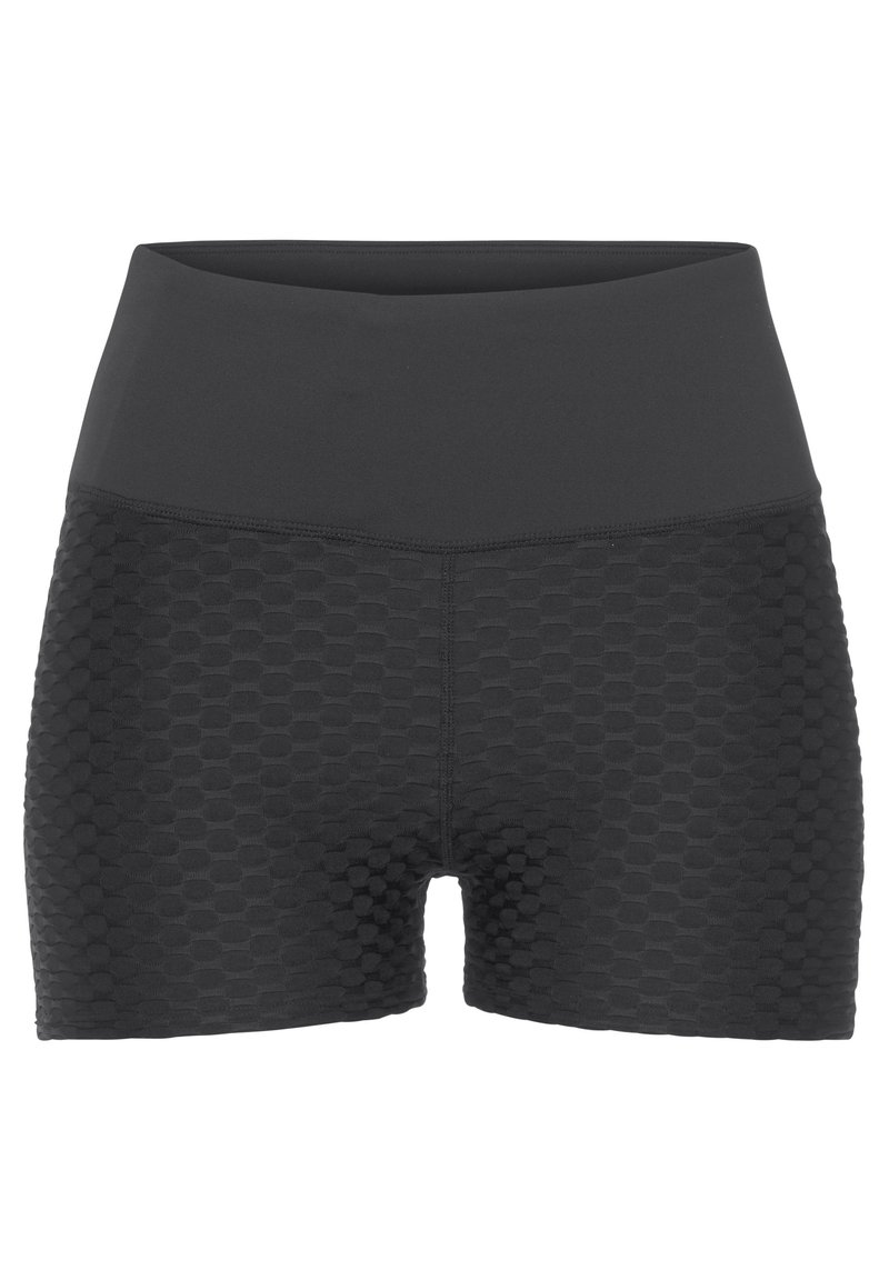 Schwarze Sportshorts mit Wabenstruktur, hoher Taille und dehnbarem Stoff, entworfen für Komfort und Flexibilität.