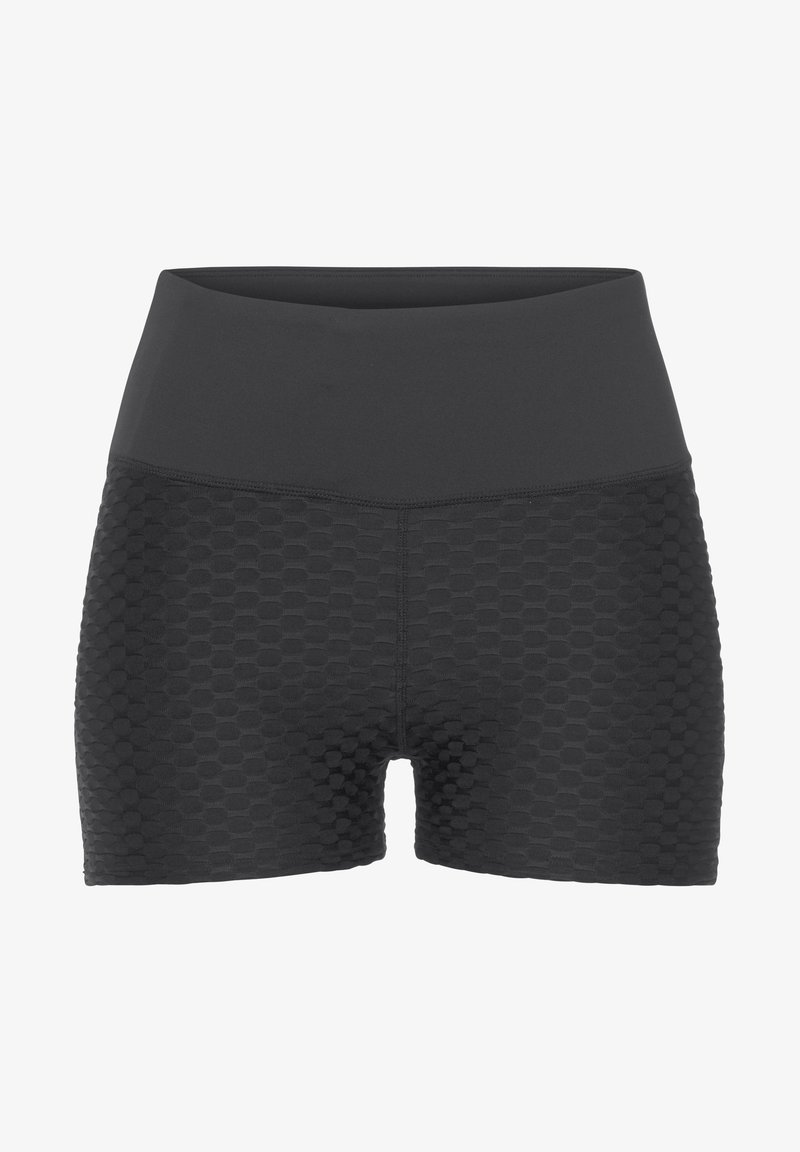 Schwarze Sportshorts mit Wabenstruktur, hoher Taille und dehnbarem Stoff, entworfen für Komfort und Flexibilität.