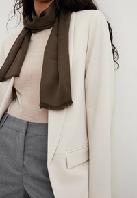 Beige sako vrstvené přes světlejší svetr, spárované se šedými kalhotami. Tmavě hnědý hedvábný šátek se třásněmi doplňuje celý outfit.