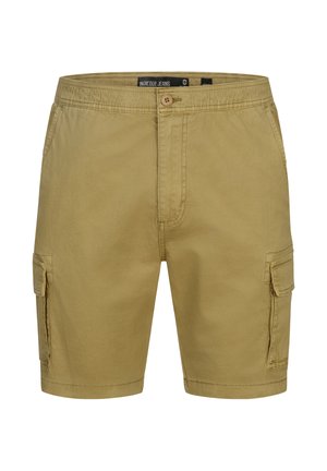 Men's khaki cargo shorts with button closure, side flap pockets, and front hand pockets.
