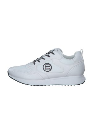 White athletic shoes featuring a smooth leather surface, black laces, a logo on the side, and a textured rubber sole.