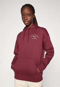 Bordeaux hettegenser laget av bomullsblanding, med kengurulomme, justerbar hette og brodert logo på brystet. Myk tekstur.