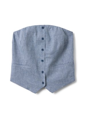 Top bustier sin tirantes de cuadros azules y blancos con cierre de botones en el frente y costuras ajustadas, colocado sobre un fondo blanco.