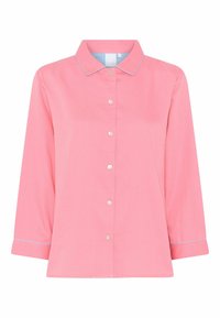 Roze overhemd met knoopsluiting, een kraag, lange mouwen en blauwe accentstiksels. Voorzien van parelachtige knopen aan de voorkant.