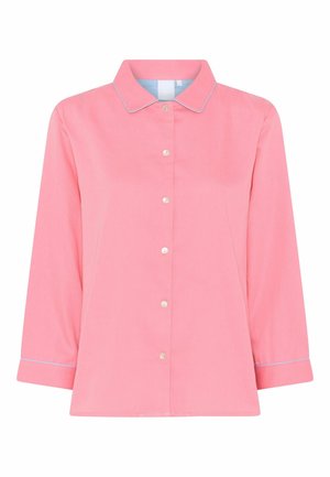 Roze overhemd met knoopsluiting, een kraag, lange mouwen en blauwe accentstiksels. Voorzien van parelachtige knopen aan de voorkant.