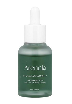Grüne mattierte Glas-Tropfflasche mit der Aufschrift Arencia Holy Hyssop Serum mit 10 % Niacinamid und Vita ACE Komplex 12 %, 30 ml.