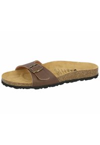 Brown leather slide sandal with a wide strap featuring a metal buckle. Cork footbed and textured rubber outsole for grip.
