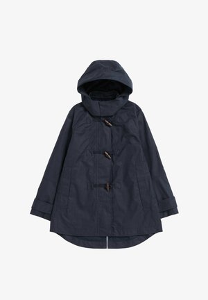 Marineblauwe jas met een capuchon, voorzien van klittenbandsluitingen, zijzakken en een gebogen zoom. Gemaakt van textuurrijk stof, met een ontspannen pasvorm.