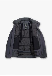 Giacca isolante grigio scuro con chiusura a zip, cinturini interni e tasche in rete nere. Presenta un esterno liscio e una fodera trapuntata.