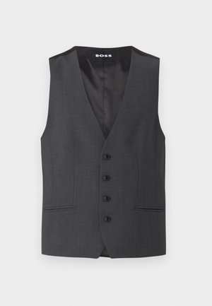 Gilet gris sur mesure avec un col en V, cinq boutons sur le devant, deux poches latérales et une doublure intérieure lisse.