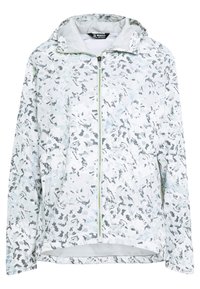 Lättviktsjacka med dragkedja framtill och huva. Vit botten med ett abstrakt mönster i grått och blått. Tillverkad av ett smidigt, vattenavvisande material.