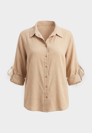 Bēša, garām piedurknēm, ar pogām aizdaudzama krekla krekls ar uzrullētām piedurknēm, ko tur pogu cilpas, un klasisku apkakli, redzams vienkāršā fonā.