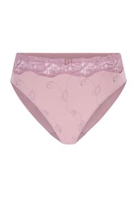 Lichtroze onderbroek met bloemenkant aan de taille. Geborduurd bloemenpatroon aan de voorkant. Zachte, gladde stofstructuur.